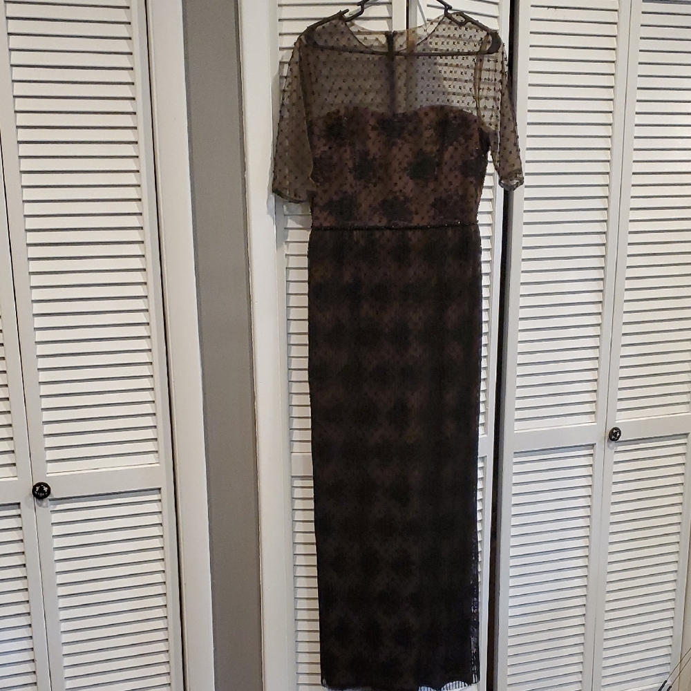 Elegant David Meister Black Sheer Long Sleeve Dress